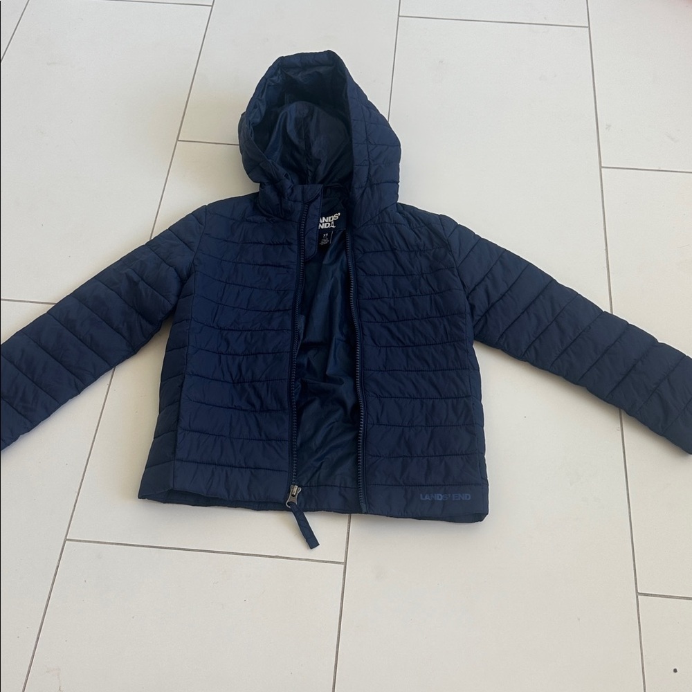 Lands end primaloft Navy Hooded Puffer Jacket 4/5Y